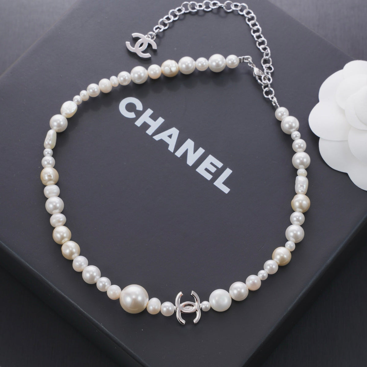 Chanel 2026 Freshwater Pearl Silver Double C Short Necklace Choker