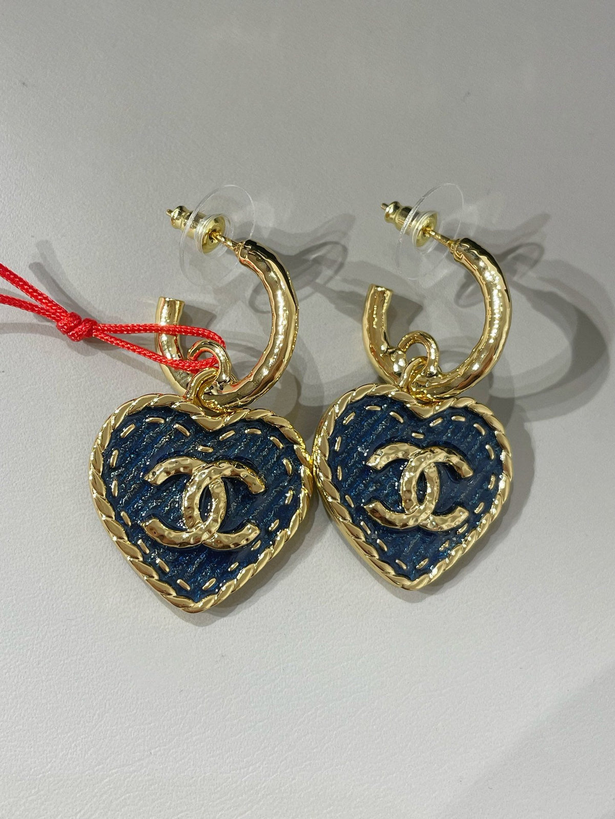 Chanel Heart Blue Denim Light Gold Hoop Earrings